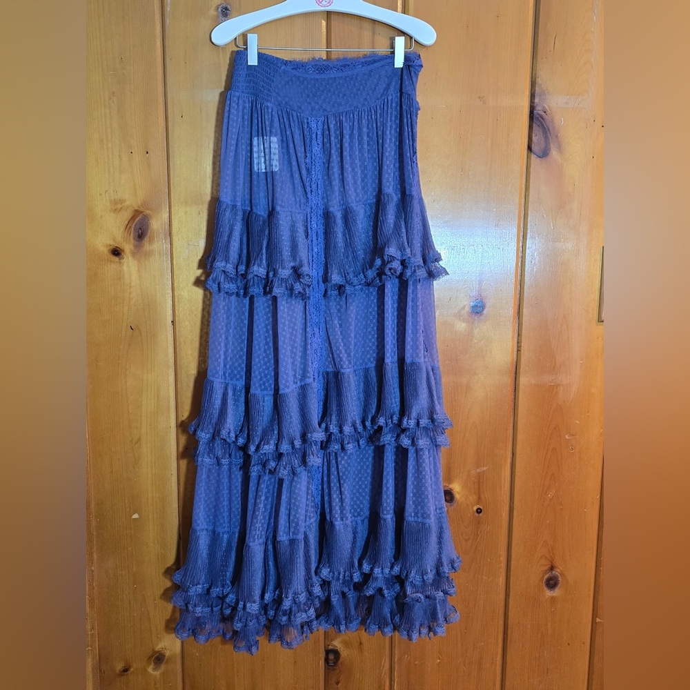 Free People “Forever Young”  Tiered Ruffle Maxi Skirt NWT Small Indigo Blue